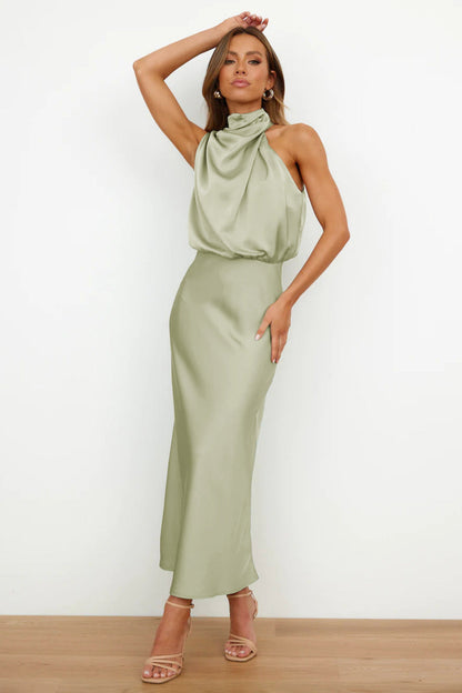 Long Satin Halterneck Formal Dress for Weddings and Elegant Occasions, Full-Length Evening Gown-1