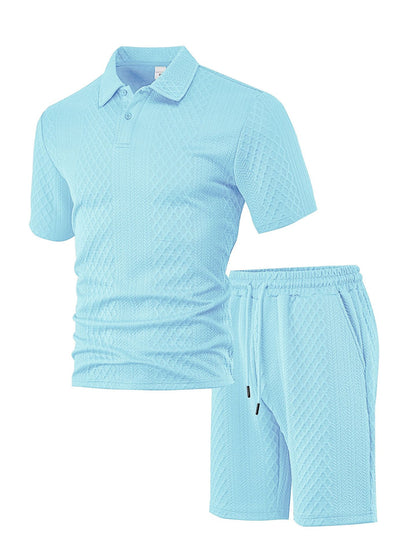 durable textured pattern, polyester, for casual wear – Breathable men's polo shirt and shorts set