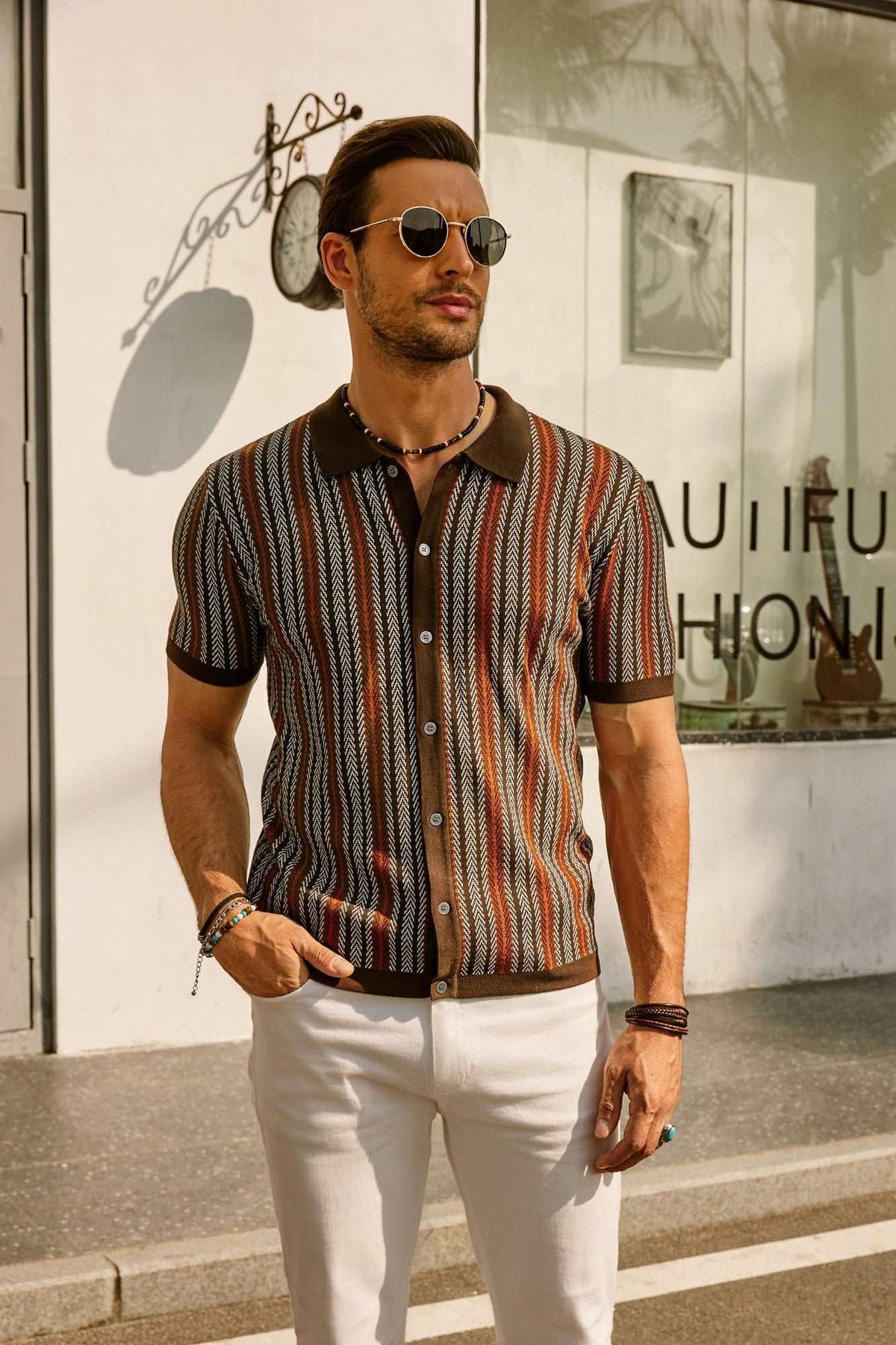 Variant image for Retro Striped Polo Shirt for Men, Short Sleeve, Breathable Fabric, Vintage Style, Comfortable Fit-1
