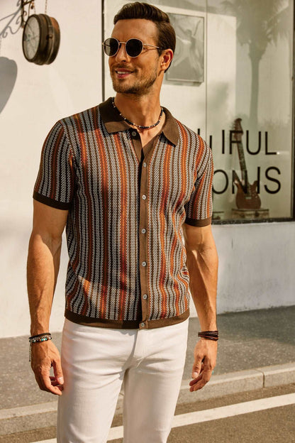 Retro Striped Polo Shirt for Men, Short Sleeve, Breathable Fabric, Vintage Style, Comfortable Fit-4