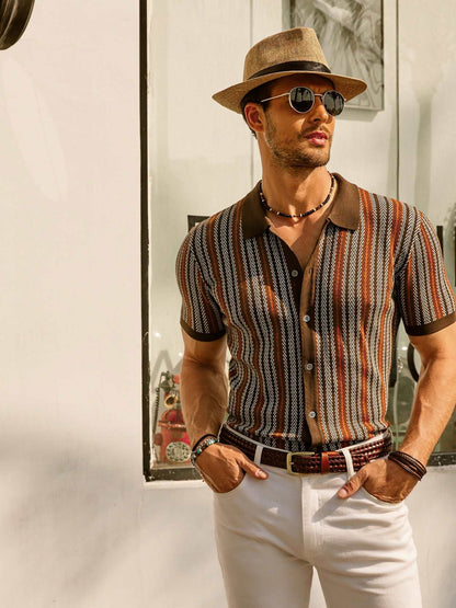 Retro Striped Polo Shirt for Men, Short Sleeve, Breathable Fabric, Vintage Style, Comfortable Fit-3