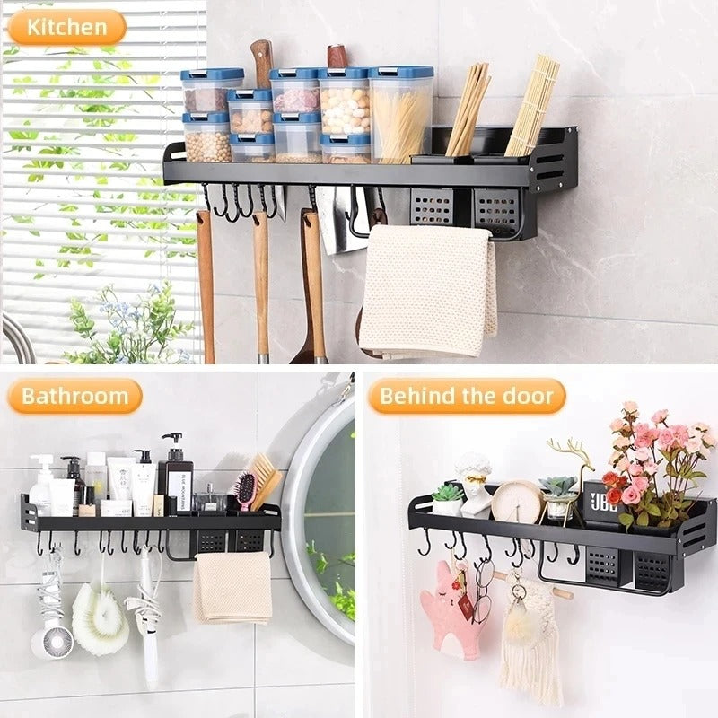 Wall Mounted Kitchen Storage Rack With Utensil Hooks And Spice Shelf Fall 2025 Household Organization Gift Idea