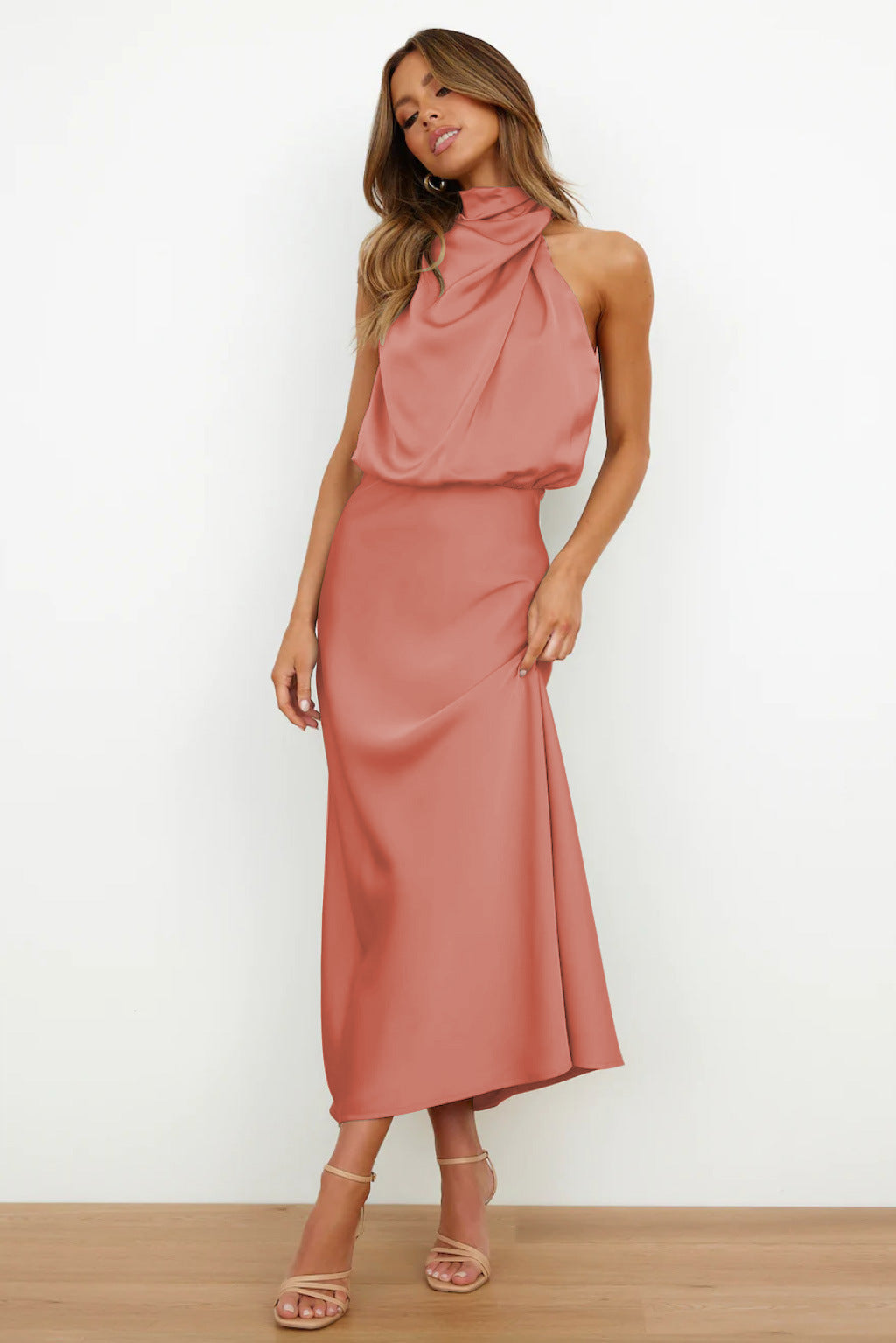 Variant image for Long Satin Halterneck Formal Dress for Weddings and Elegant Occasions, Full-Length Evening Gown-18