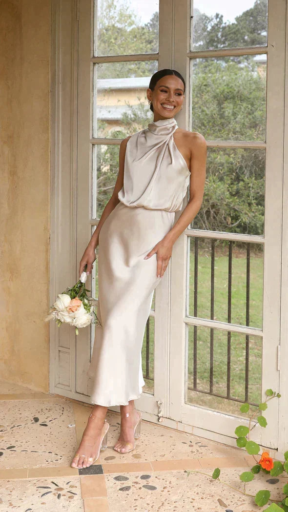 Variant image for Elegant Long Sleeve Dress in Shimmering Fabric, Fluid Silhouette for Formal Events, Full-Length Long Dress for Women-1