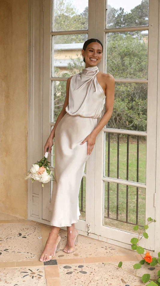 Elegant Long Sleeve Dress in Shimmering Fabric, Fluid Silhouette for Formal Events, Full-Length Long Dress for Women-1