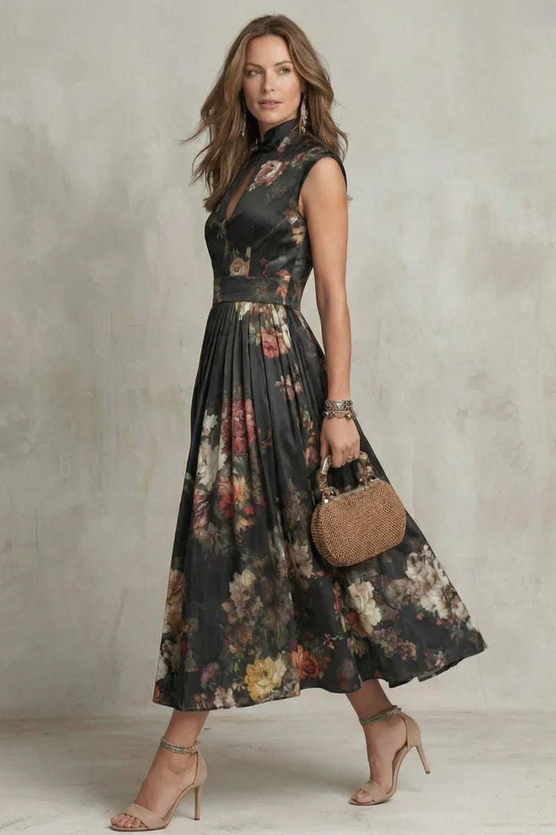 Light women's maxi dress - floral-printed, high-waisted, pleated, polyester, for street fashion