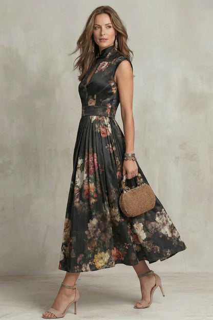 Light women's maxi dress - floral-printed, high-waisted, pleated, polyester, for street fashion