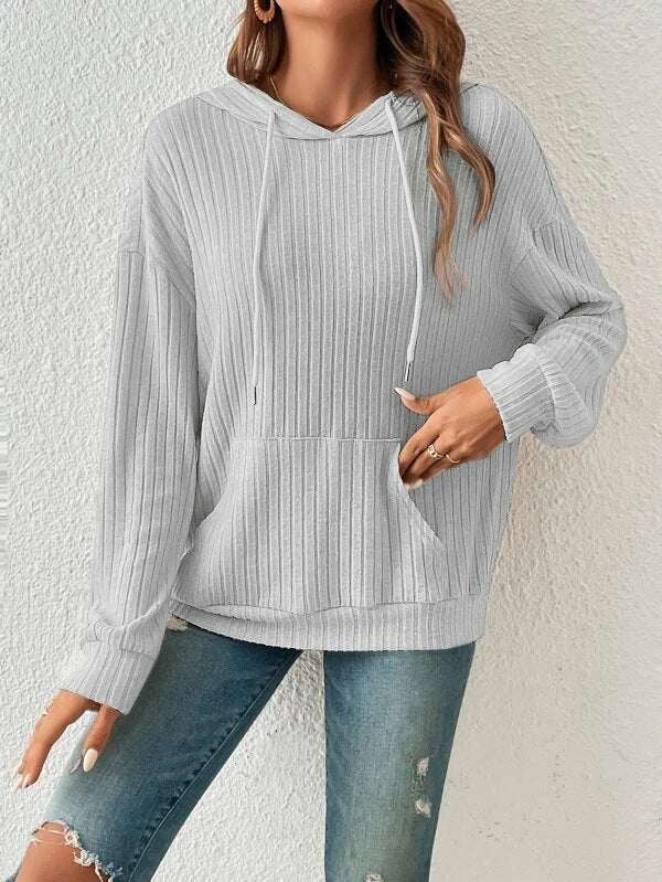 Plush Relaxed Women's Hooded Pullover - Ribbed Knit, Casual
