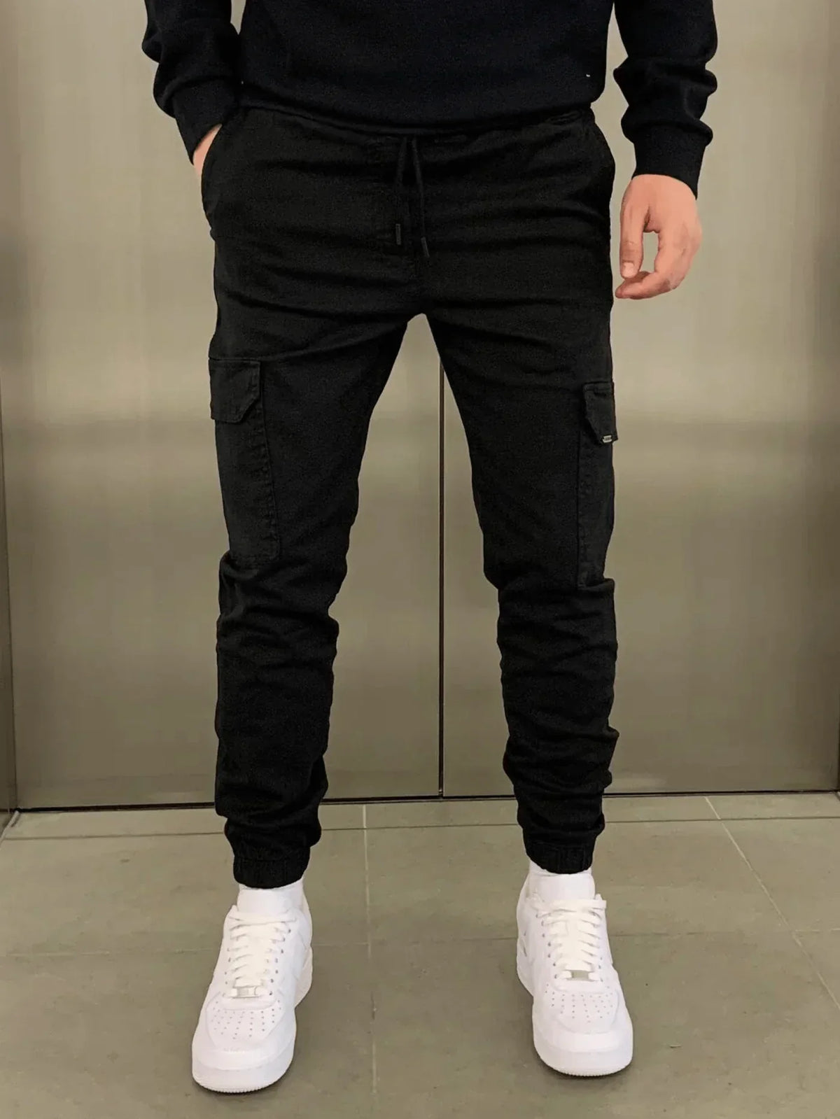 Comfortable Loose Fit Black Cargo Pants for Women with Practical Pockets and Elastic Waistband-1