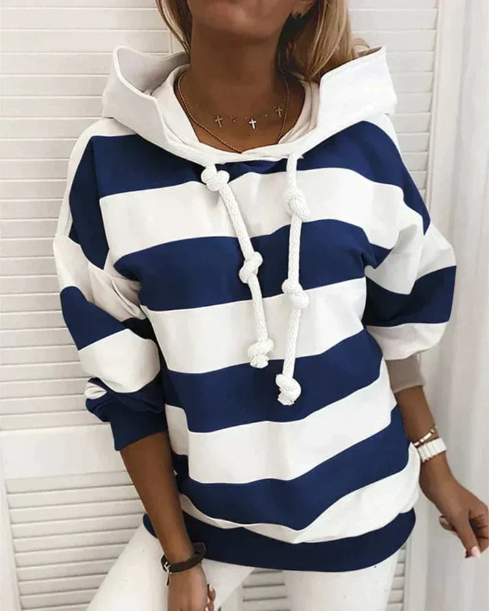 Plush Women’s Hooded Pullover - Striped Relaxed Cotton, Casual
