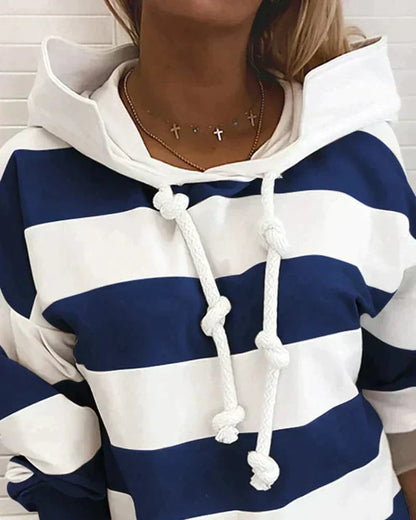 Plush Women’s Hooded Pullover - Striped Relaxed Cotton, Casual