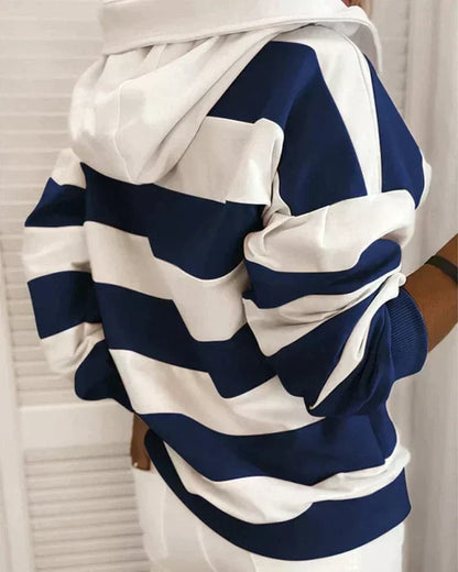 Plush Women’s Hooded Pullover - Striped Relaxed Cotton, Casual