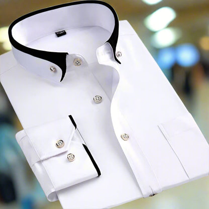 Classic Long Sleeve Men's Dress Shirt with Contrasting Collar and Buttoned Cuffs, Premium Cotton Blend, Regular Fit, Versatile Style-2