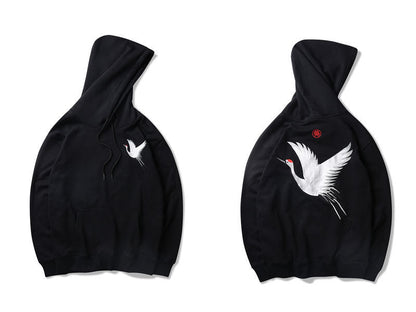 relaxed Oversized hoodie - embroidered crane, cotton blend