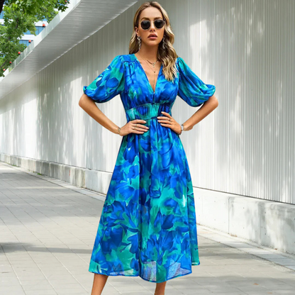 Floral Summer Dress for Women with Puffed Sleeves and V-Neck - Perfect Wedding Guest Dress-6