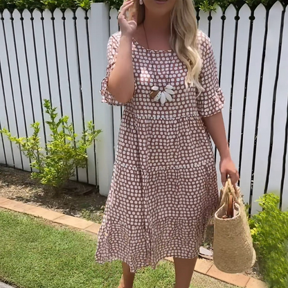 Variant image for Short-Sleeve Midi Dress for Women in Polka Dot Design, Lightweight Breathable Fabric, Relaxed Fit for Summer Events-1