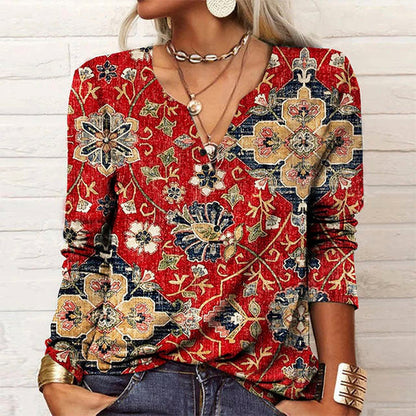 Variant image for Floral Print Women's Blouse in Cotton-Polyester Blend with V-Neckline for Spring and Autumn Wear-1