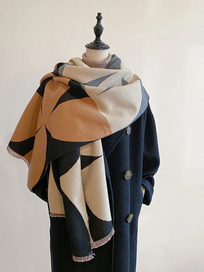 Oversized Womens Scarf - Reversible Patterned Cashmere