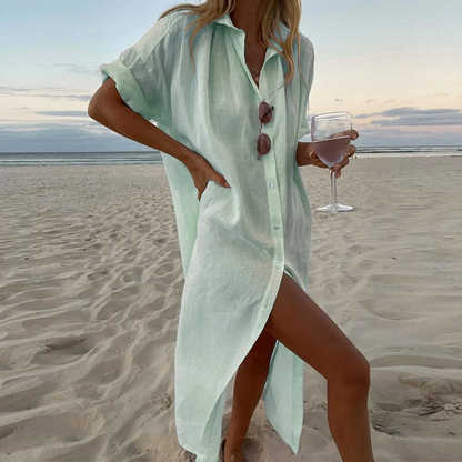 Elegant High Slot Shirt Dress with Button Details for Women, Soft Fabric, Chic Relaxed Fit-3