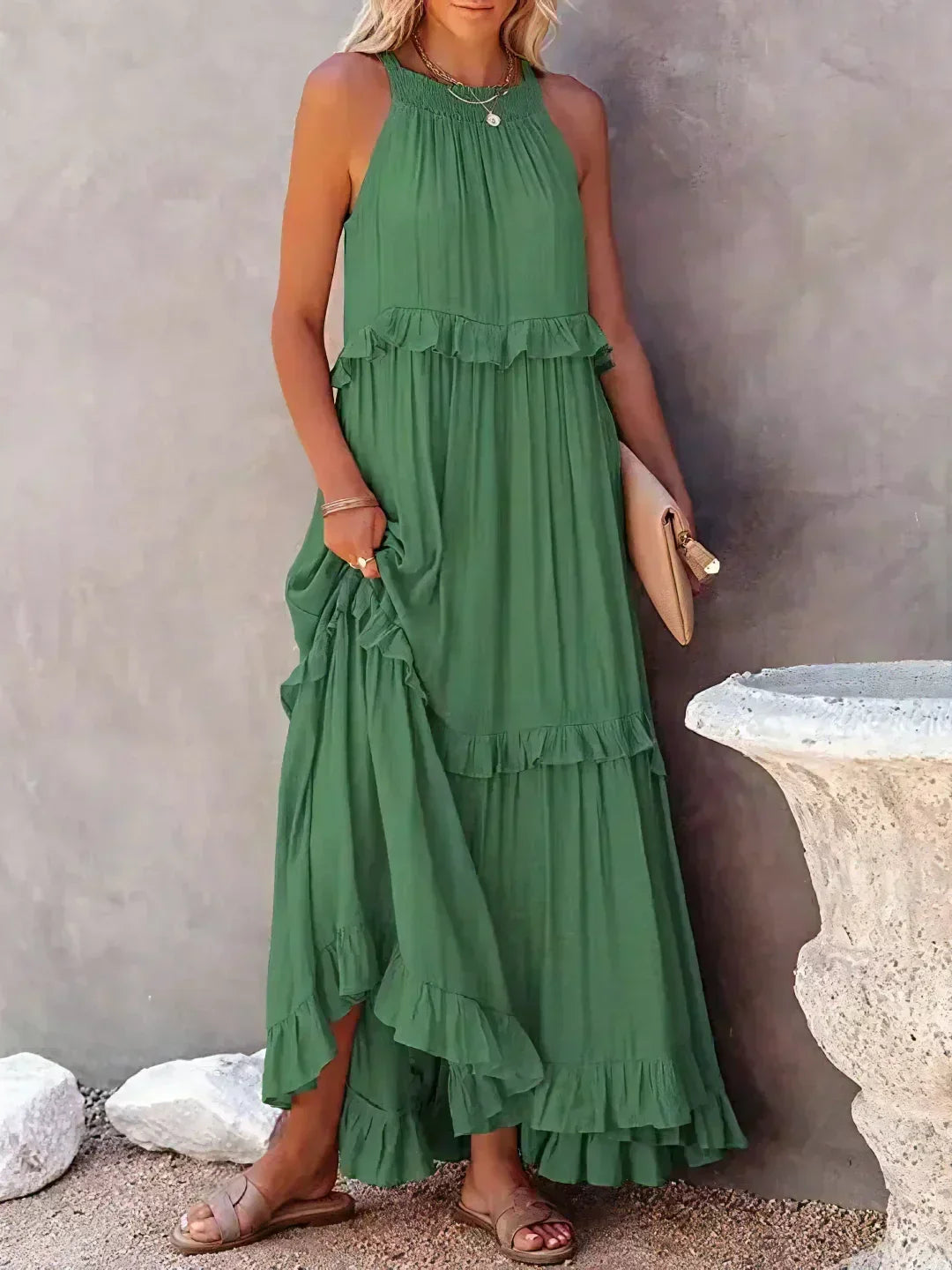 Variant image for Elegant Halter Ruffle Floral Maxi Dress for Women, Lightweight Bohemian Long Dress, Flowing Fit-9