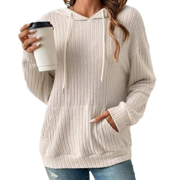 Plush Relaxed Women's Hooded Pullover - Ribbed Knit, Casual