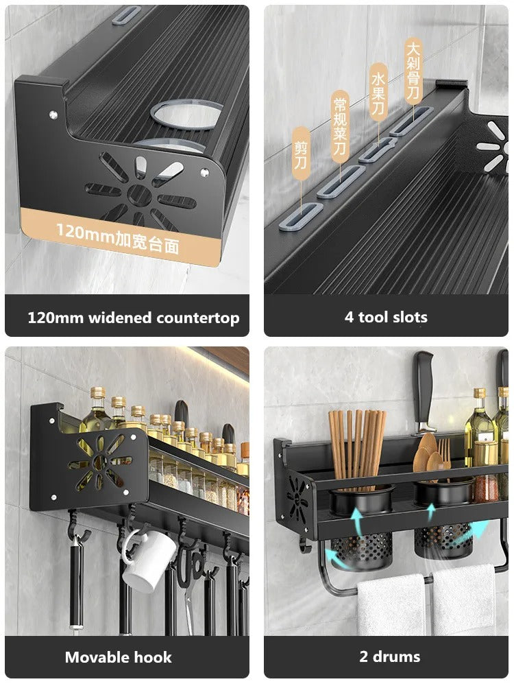 Wall Mounted Kitchen Storage Rack With Utensil Hooks And Spice Shelf Fall 2025 Household Organization Gift Idea