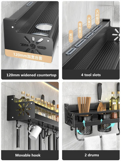 Wall Mounted Kitchen Storage Rack With Utensil Hooks And Spice Shelf Fall 2025 Household Organization Gift Idea