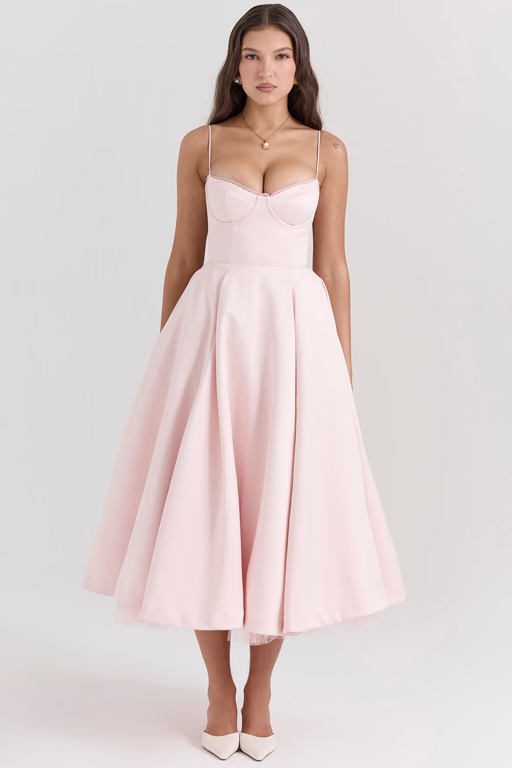 Elegant White Satin Midi Dress with Spaghetti Straps and Tulle Skirt for Women - Perfect for Special Occasions-4