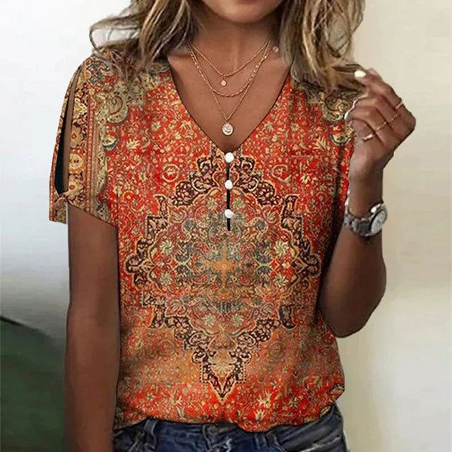 Variant image for Vintage Ethnic Womens Blouse with V-Neck and Button Detail, Short Sleeve Summer Top for Women in Cotton Blend-1