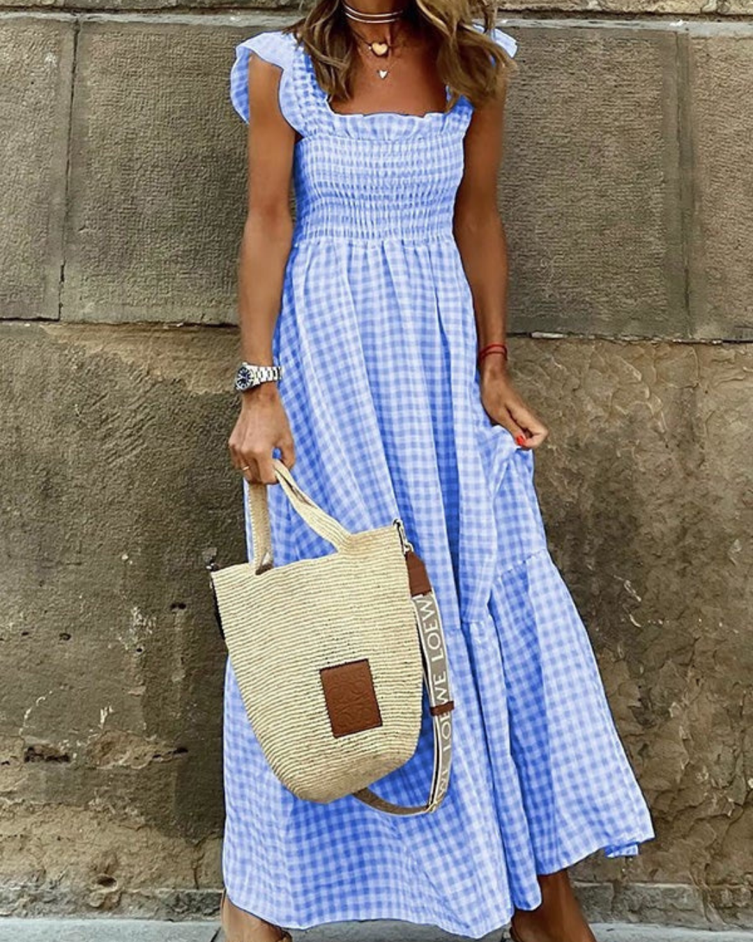Variant image for Maxi Summer Dress for Women with Elastic Top and Retro Caroma Pattern, Breathable Cotton, Perfect for Beach and City Outings-13