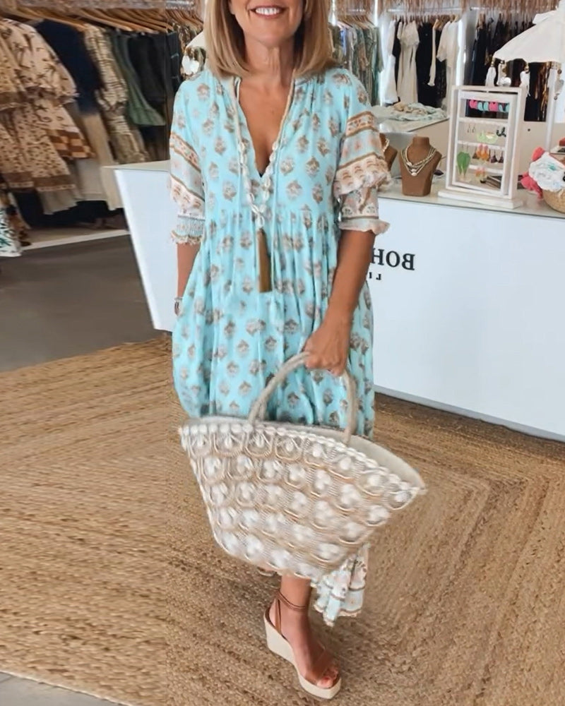 Printed V-Neck Women's Dress in Lightweight Fabric, Flattering Silhouette for Summer Outings and Everyday Wear-1