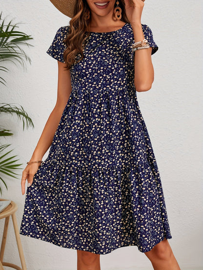 Vintage Floral Wedding Guest Dress with Circular Neckline and Short Sleeves in Turquoise, Blue, and Burgundy-5