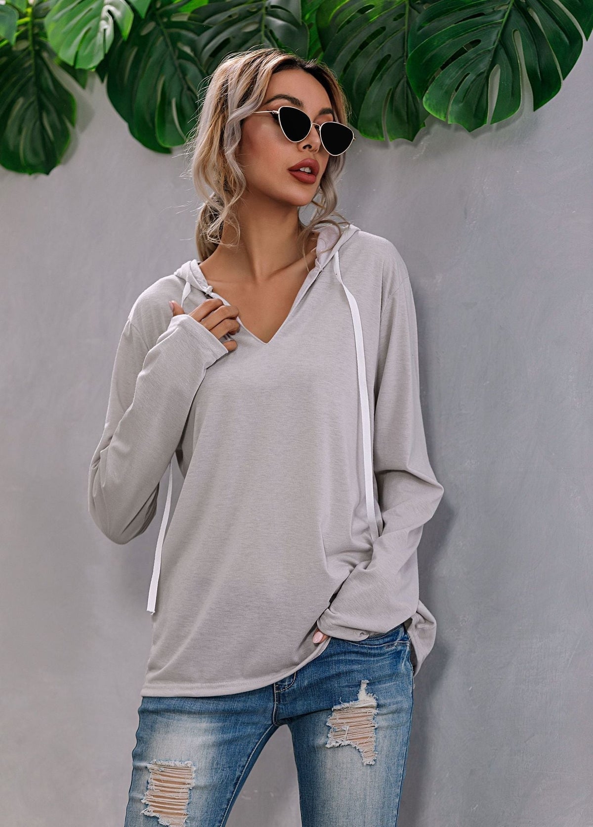 Light Relaxed Womens Hoodie - V Neck, Knit, Regular