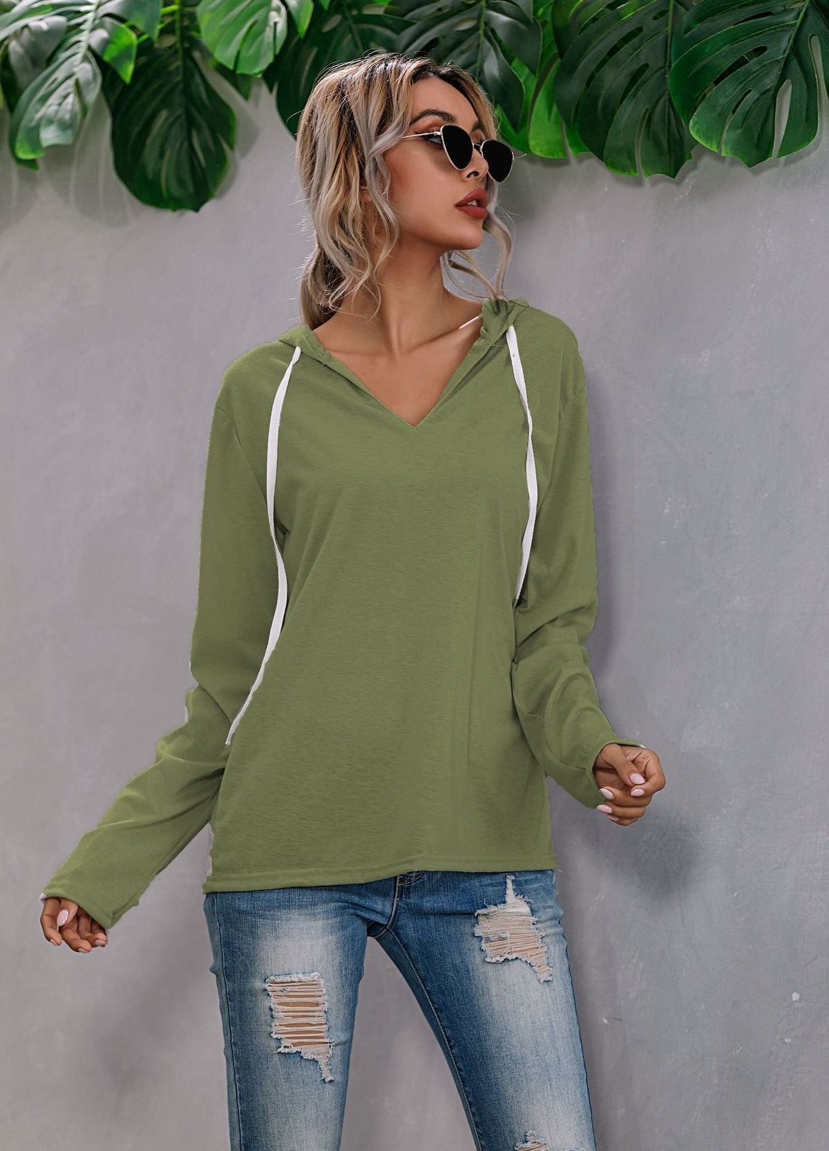 Light Relaxed Womens Hoodie - V Neck, Knit, Regular