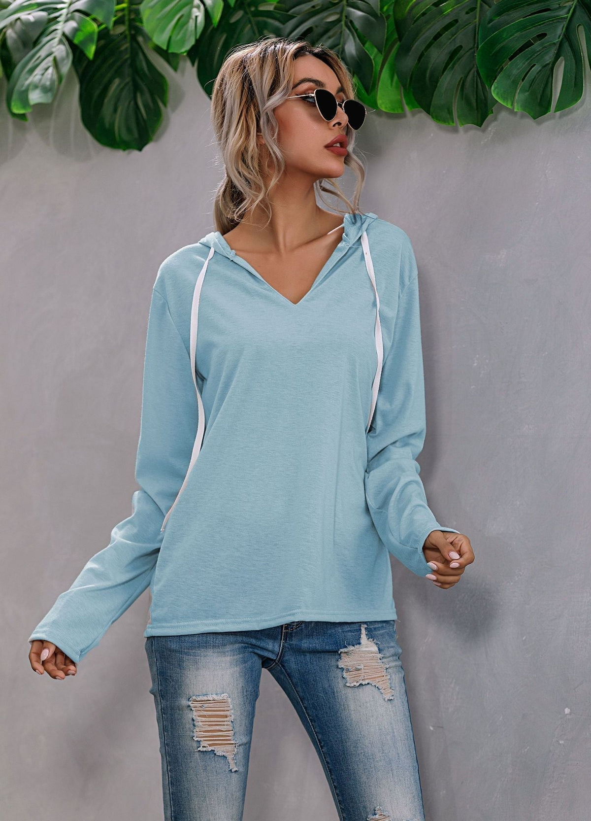 Light Relaxed Womens Hoodie - V Neck, Knit, Regular