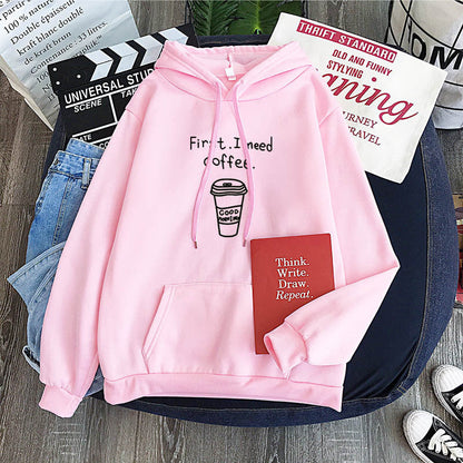 Cozy Oversized Womens Hoodie - Coffee Graphic Print, Fleece