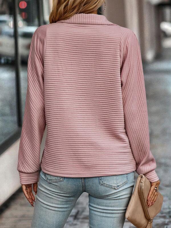 Plush Relaxed Womens Pullover - Ribbed Zip, Polyester, Casual