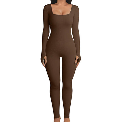 Long Sleeve Square Neck, Ribbed Nylon-Spandex, Seamless Yoga Athleisure – Stretchy Flattering Women’s Jumpsuit
