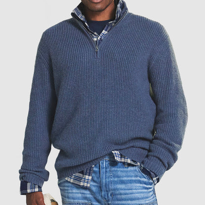Plush Men Cashmere Pullover - Half Zip Ribbed Business Casual