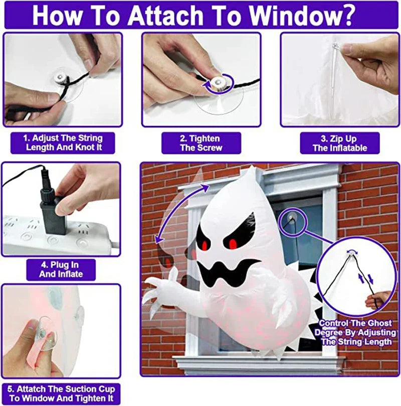 Spooky Outdoor Decor – 4.6ft Halloween Inflatable Window Ghost with LED Lights