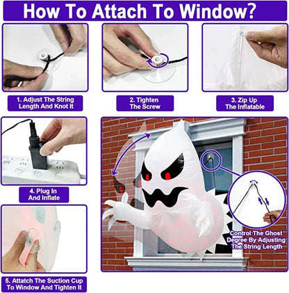 Spooky Outdoor Decor – 4.6ft Halloween Inflatable Window Ghost with LED Lights