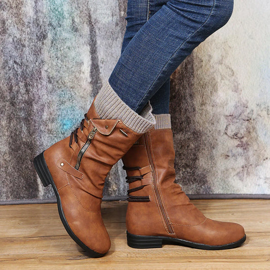 Cozy Warm Women's Mid Calf Winter Boots- Leather, For Winter