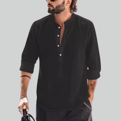 Cotton Casual Linen Shirt - Loose Tops, Long Sleeve, Henry Collar, Solid Blouse