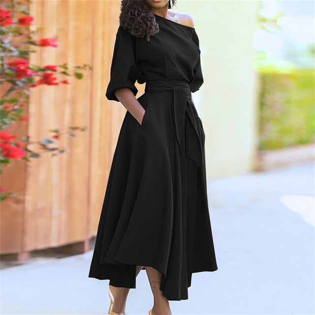 Variant image for Elegant Midi Dress with Elbow-Length Sleeves and Adjustable Waist for Women-1
