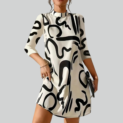Long Fashion Sleeve Print Mini Dress for Women Autumn Casual Office Wear Robe Femme