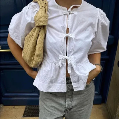 Variant image for Striped Puff Sleeve Women's Top - Elegant Casual Blouse for Women, Comfortable Fit and Versatile Design-13