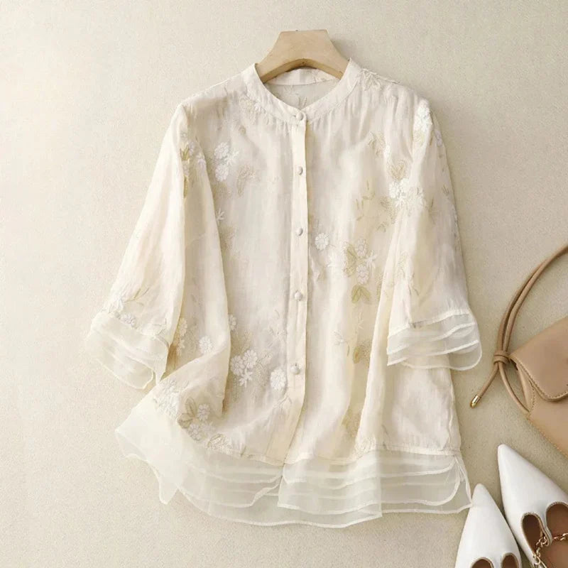 Elegant Women's Top with Embroidery, Breathable Cotton Blend Blouse in Various Colors and Sizes-1