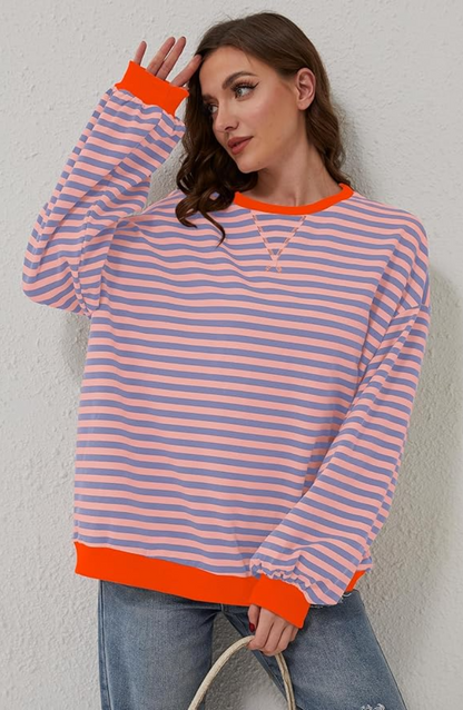Women's Oversized Sweatshirt - Boxy Striped Cotton Casual