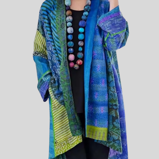 Cotton Vintage Linen Ethnic Print Cardigan - Large Size Long Sleeve Women's Sweater