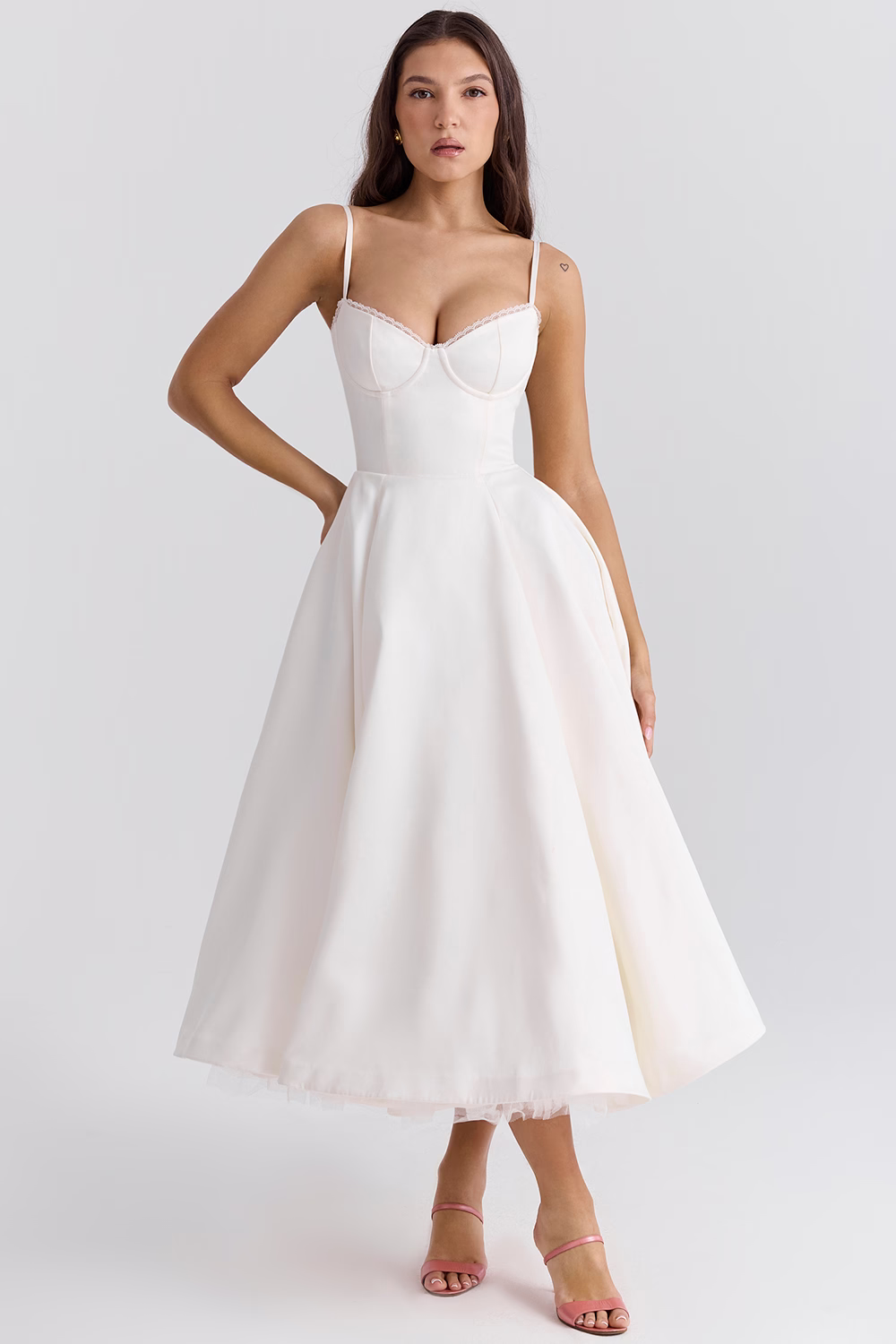 Variant image for Elegant White Satin Midi Dress with Spaghetti Straps and Tulle Skirt for Women - Perfect for Special Occasions-11